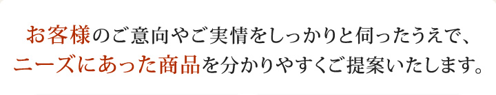 お客様のご意向やご実情をしっかりと伺ったうえで、ニーズにあった商品を分かりやすくご提案いたします。