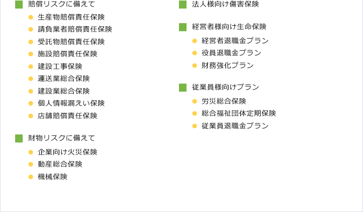 賠償リスクに備えて　財物リスクに備えて　法人様向け傷害保険　経営者様向け生命保険　従業員様向けプラン　左記個人のお客様向け保険商品を