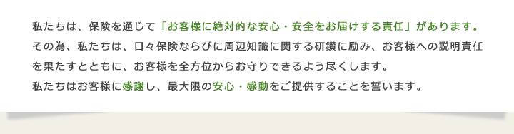 私たちは、保険を通じて「お客様に絶対的な安心・安全をお届けする責任」があります。その為、私たちは、日々保険ならびに周辺知識に関する研鑽に励み、お客様への説明責任を果たすとともに、お客様を全方位からお守りできるようつくします。私たちはお客様に感謝し、最大限の安心・感動をご提供することを誓います。