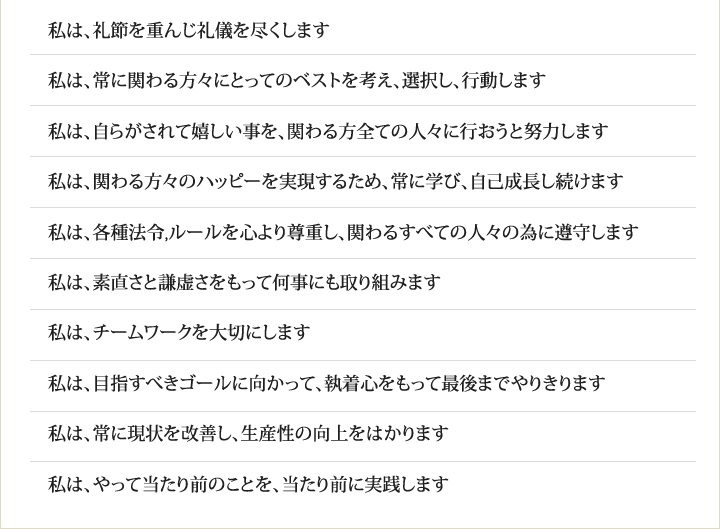 私は、礼節を重んじ礼儀を尽くします私は、常に関わる方々にとってのベストを考え、選択し、行動します私は、自らがされて嬉しい事を、関わる方全ての人々に行おうと努力します私は、関わる方々のハッピーを実現するため、常に学び、自己成長し続けます私は、各種法令,ルールを心より尊重し、関わるすべての人々の為に遵守します私は、素直さと謙虚さをもって何事にも取り組みます私は、チームワークを大切にします私は、目指すべきゴールに向かって、執着心をもって最後までやりきります私は、常に現状を改善し、生産性の向上をはかります私は、やって当たり前のことを、当たり前に実践します