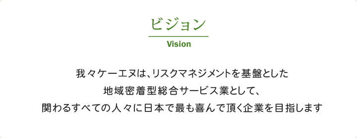 ビジョン  我々ケーエヌは、リスクマネジメントを基盤とした地域密着型総合サービス業として、関わるすべての人々に日本で最も喜んで頂く企業を目指します
