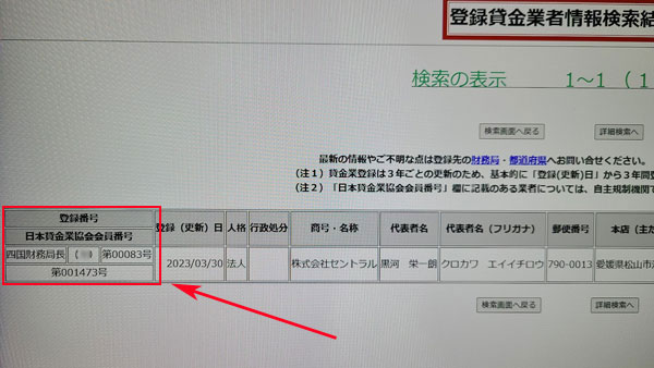 セントラルはきちんと貸金業の登録をしている正規の貸金業者※2026年4月現在